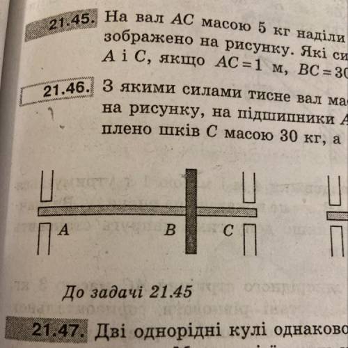 На вал АС масою 5 кг наділи шків В масою 15 кг, як зображено на рисунку. Які сили діють на підшипник