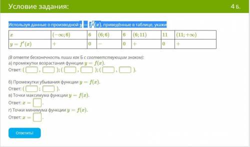 Используя данные о производной y=f′(x), приведённые в таблице, укажи а) промежутки возрастания функц