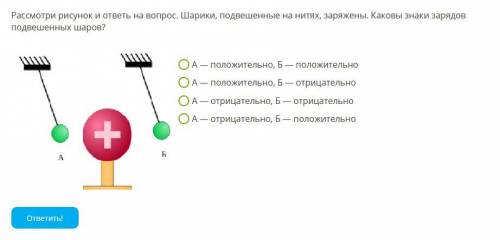 Рассмотри рисунок и ответь на во Шарики, подвешенные на нитях, заряжены. Каковы знаки зарядов подвеш