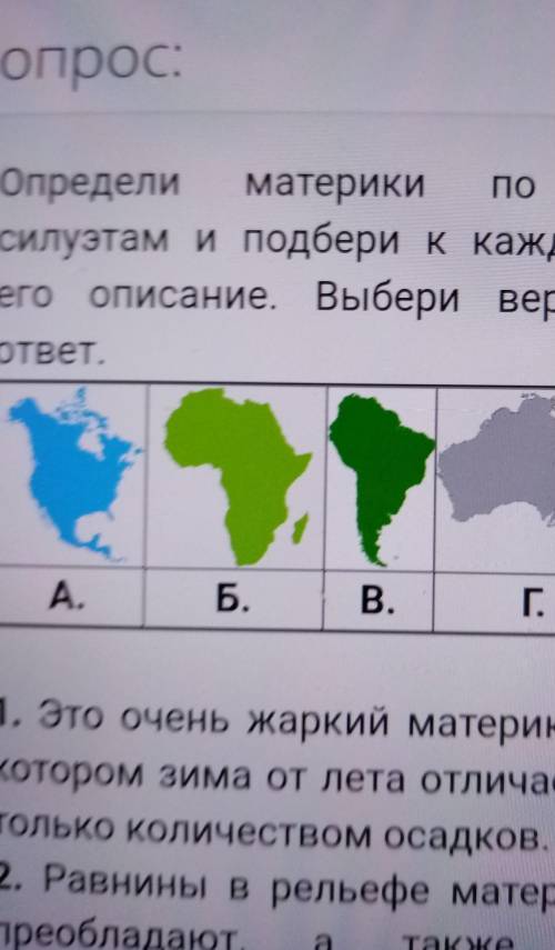 А.Б.В.Г.1. Это очень жаркий материк, накотором зима от лета отличаетсятолько количеством осадков.2.