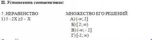 Установить соответствие: 7. НЕРАВЕНСТВО МНОЖЕСТВО ЕГО РЕШЕНИЙ 1) 5 - 2Х ≥3 - Х А) (-∞; 2] Б) [ 2; ∞