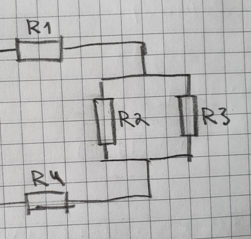 Найдите полное сопротивление цепи, если сопротивление резисторов R1=10 Ом, R2 =15 Ом, R3=15 Ом, R4=