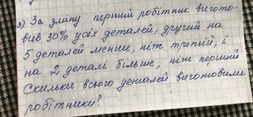 За зміну перший робітник виготовив 30% усіх деталей, другий на 5 деталей менше ніж третій, і на дві