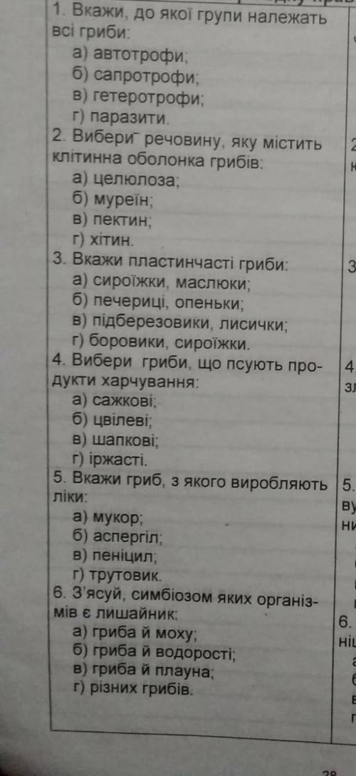 До ть самостійна робота з біології тема гриби шостий клас ​