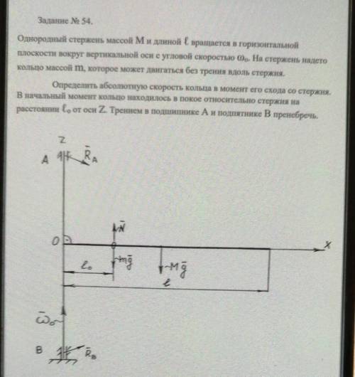 Однородный стержень массой M и длиной ℓ вращается в горизонтальной плоскости вокруг вертикальной ос