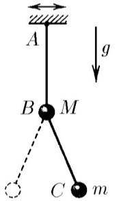 К маятнику AB с шариком массы M подвешен маятник BC с ша- риком массы m. Точка A совершает гармон