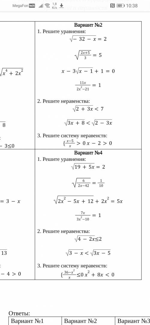 весь 4ый вариант Решение рациональных и иррациональных уравнений и неравенств