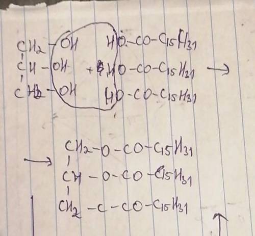 ХИМИЯ, Напишите реакцию этерификации глицерина и трёх молей пальмитиновой кислоты​