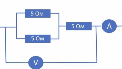 Чему равная сила тока, которую показывает амперметр A, если вольтметр V показывает напряжение U = 1