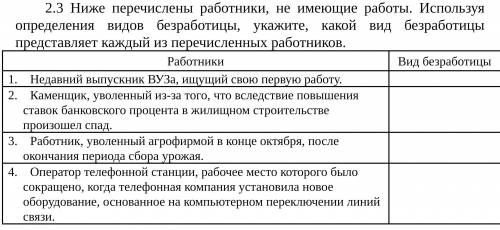 Ниже перечислены работники, не имеющие работы. Используя определения видов безрабо