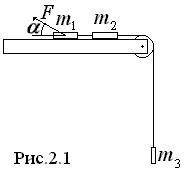 Определить ускорения тел и силу натяжения нити (рис.2.1). Массы тел равны 2 кг, 1 кг, 0.5 кг, коэфф
