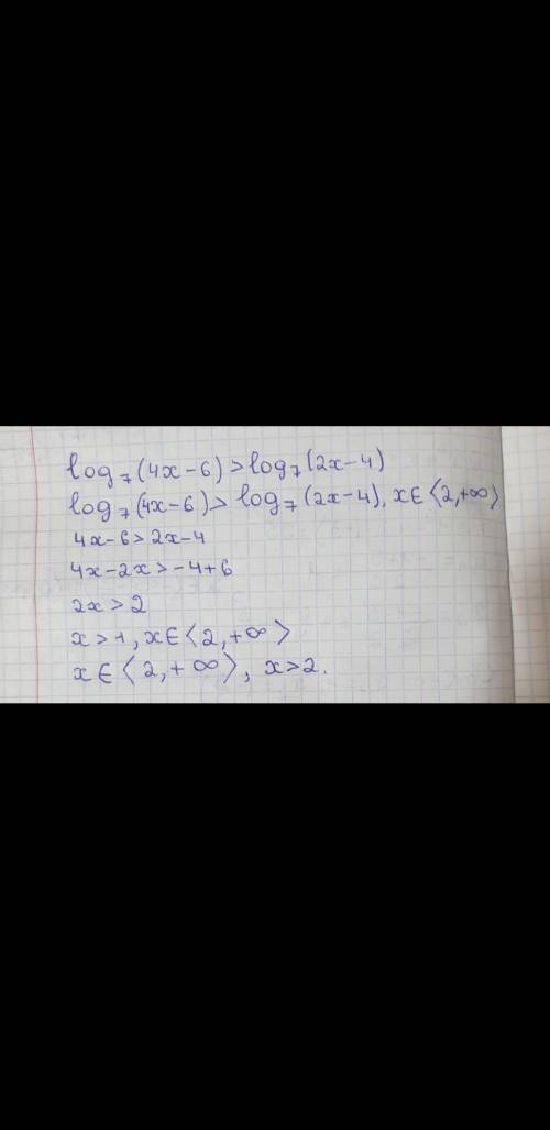 Log₇ (4x – 6) > log₇ (2x – 4)