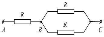 На укр.яз: Визначити еквівалентний опір трьох однакових резисторів на ділянці АС, як