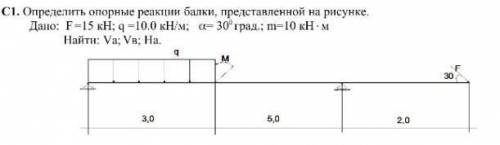 Определить опорные реакции балки, представленной на рисунке. Дано: F =15 кН; q =10.0 кН/м; = 300