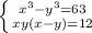 \left \{ {{x^{3} - y^{3} =63} \atop {xy(x-y)=12}} \right. \\