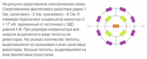 На рисунке представлена электрическая схема. Сопротивление фиолетового резистора равно 1 ом, салатов