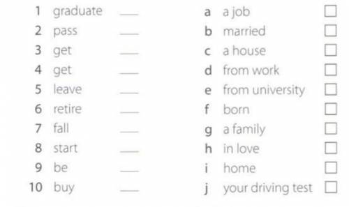 Match the verbs (1-10) with the words (a-j) to make phrases that describe different stages of life.T