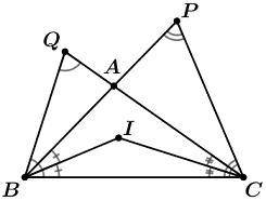 Выберите все верные равенства: BP=CQ BI=IC BI=IP BI=IA BI=IQ ∠BIC=∠BIP ∠BIP=∠CIQ ∠BIQ=∠QIP ∠BIQ=∠PIC