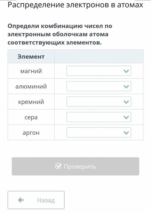 Определи комбинацию чисел по электронным оболочкам атома соответствующих элементов. ​