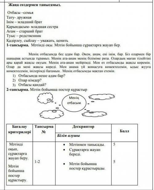 Менің отбасымда бес адам бар. Әкем, анам, екі інім, бар. Біз олармен бір шаңырақ астында тұрамыз. Ме