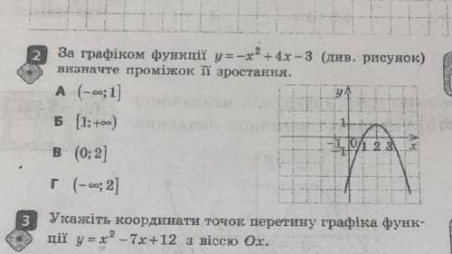 За графіком функції у=-х2+ 4х-3 (див. рисунок) визначте проміжок ії зростання.