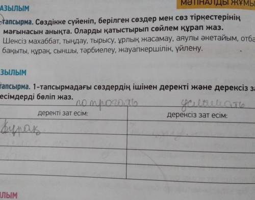 ЖАЗЫЛЫМ 2-тапсырма. 1-тапсырмадағы сөздердің ішінен деректі және дерексіз затесімдерді бөліп жаз.дер