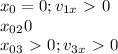 x_{0}=0 ; v_{1x}\ \textgreater \ 0\\x_{02} 0\\x_{03}\ \textgreater \ 0 ; v_{3x}\ \textgreater \ 0