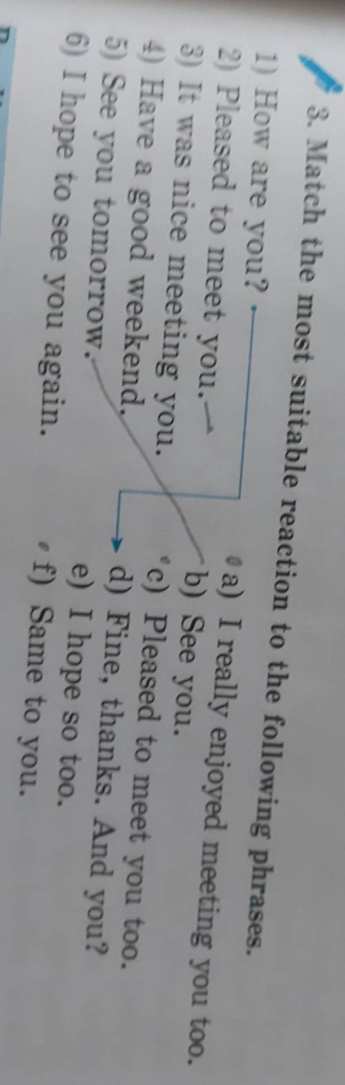 очень 1) How are you?• a) I really enjoyed meeting you too.2) Pleased to meet you.b) See you.3) It w