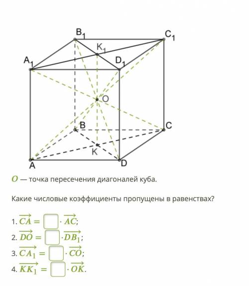 — точка пересечения диагоналей куба. Какие числовые коэффициенты пропущены в равенствах? 1. −→− = ⋅−