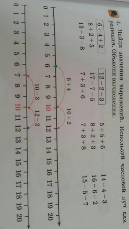 4. Найди значения выражений. Используй числовой луч для решения. Объясни вычисления.6 + 4 + 212 - 2
