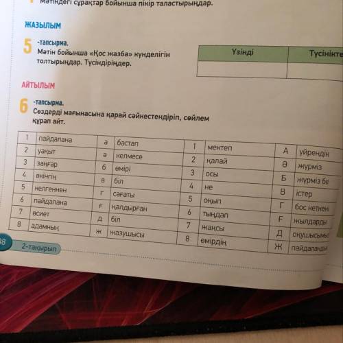 Сөздерді мағынасына қарай сәйкестендіріп, сөйлем құрап айт. 6-тапсырма