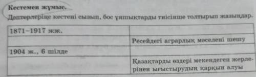 Кестемен жұмыс. Дәптерлеріңе кестені сызып, бос ұяшықтарды тиісінше толтырып жазыңдар.1871-1917 жж.Р