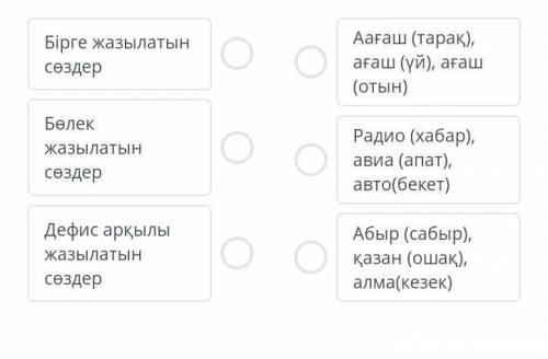 Бірге, бөлек, дефис арқылы жазылатын сөздерді сәйкестендір​