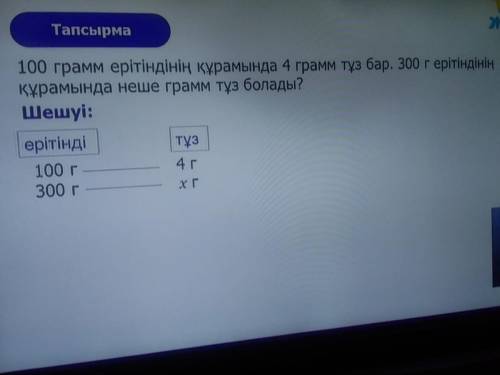 Тапсырма 100 грамім ерітіндінің құрамында 4 грамм тұз бар. 300 г ерітіндінің құрамында неше грамм тұ