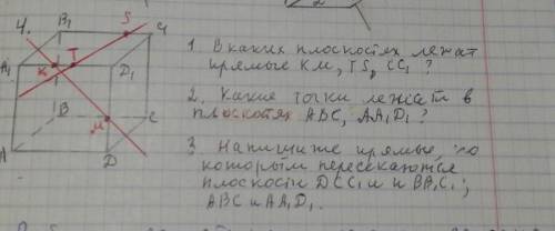 1. В каких плоскостях лежат прямые KM, TS, CC1? 2. Какие точки лежат в плоскостях abc,AA1D1? 3. Нап