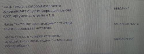 Проведи соответствия между определениями и понятиями. ВведениеЧасть текста, в которой излагаетсяосно