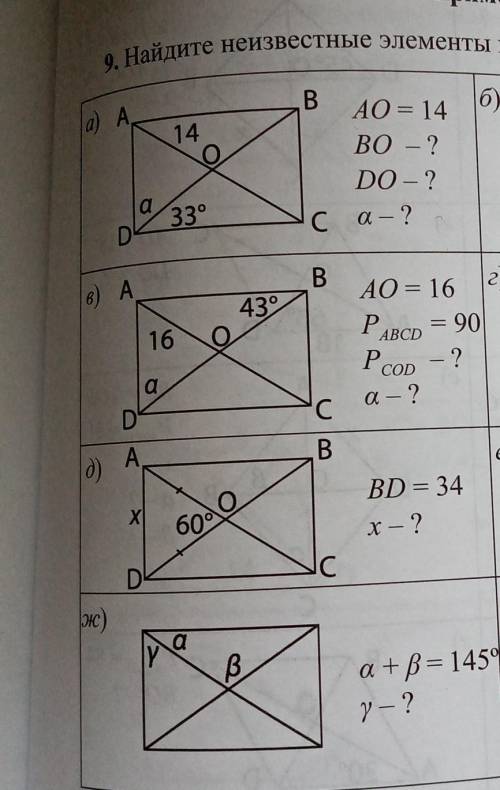Найдите неизвестные элементы прямоугольника. Только а, д