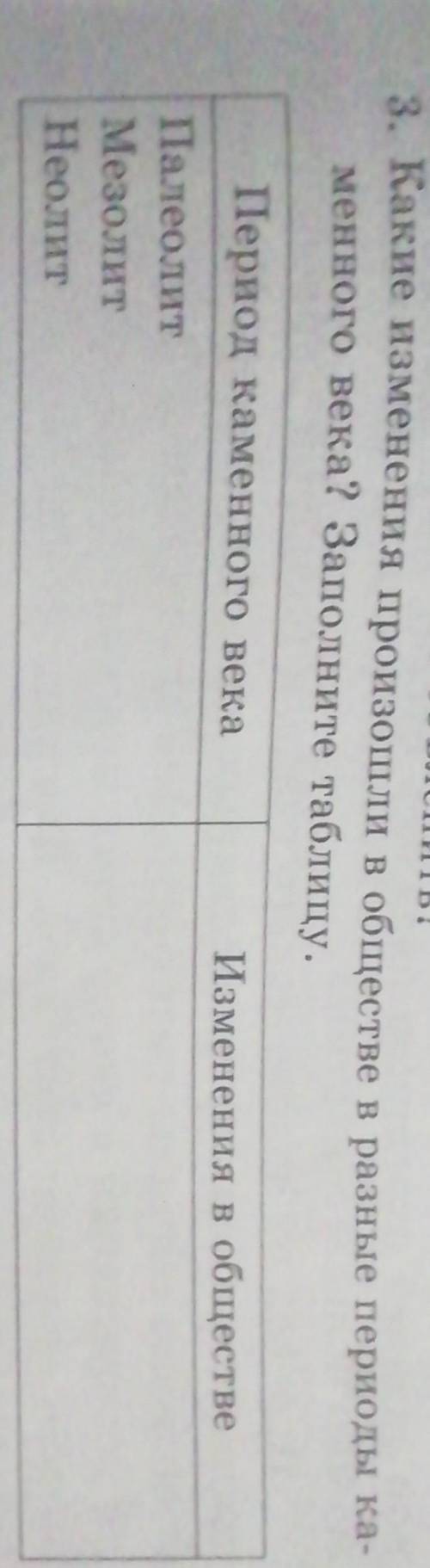 Какие изменение произошли в обществе в разные периоды камменого века? Заполните таблицу ​
