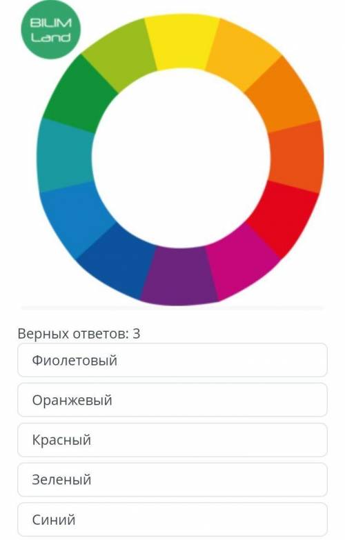 Выбери из списка цвета, относящиеся к холодной гамме: Верных ответов: 3ОранжевыйСинийКрасныйФиолетов