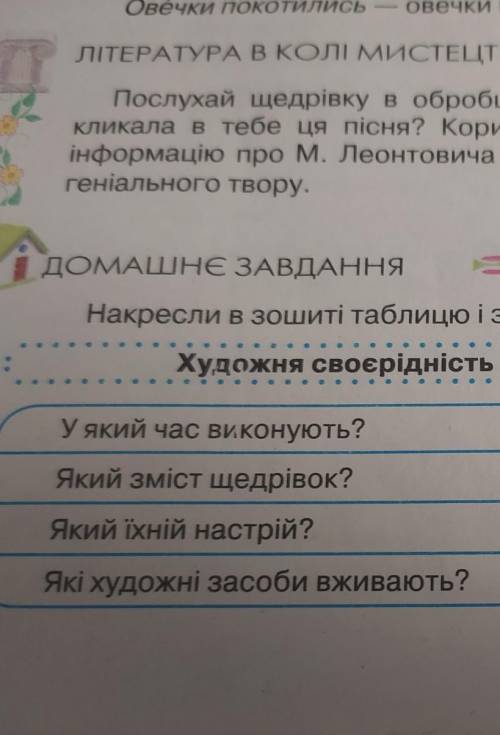 1)У який час виконують щедрівки? 2) Який зміст щедрівок? 3) Який їхній настрій? 4) Які художні засоб