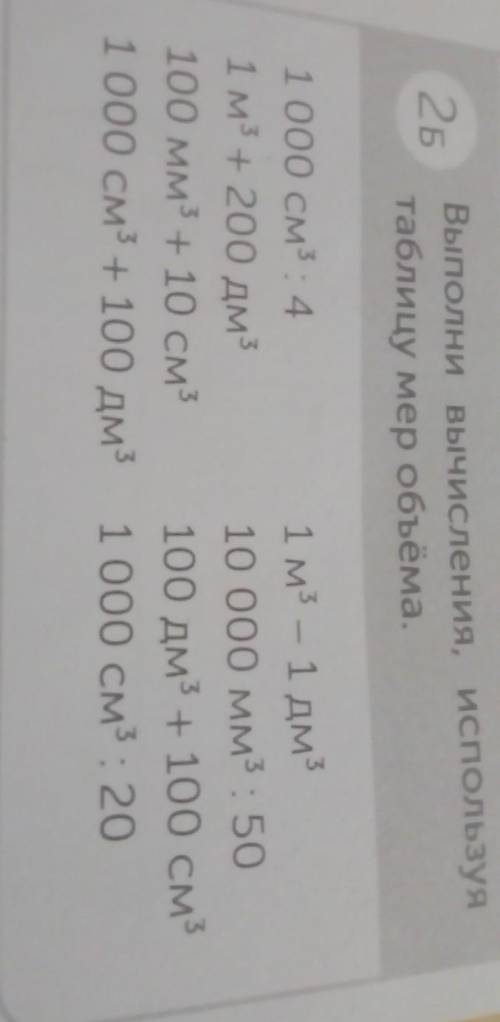 Выполни вычисления, используя таблицу мер объёма.1 000 см³ : 41 м³+ 200 дм³100 мм³ + 10 см³1 000 см³