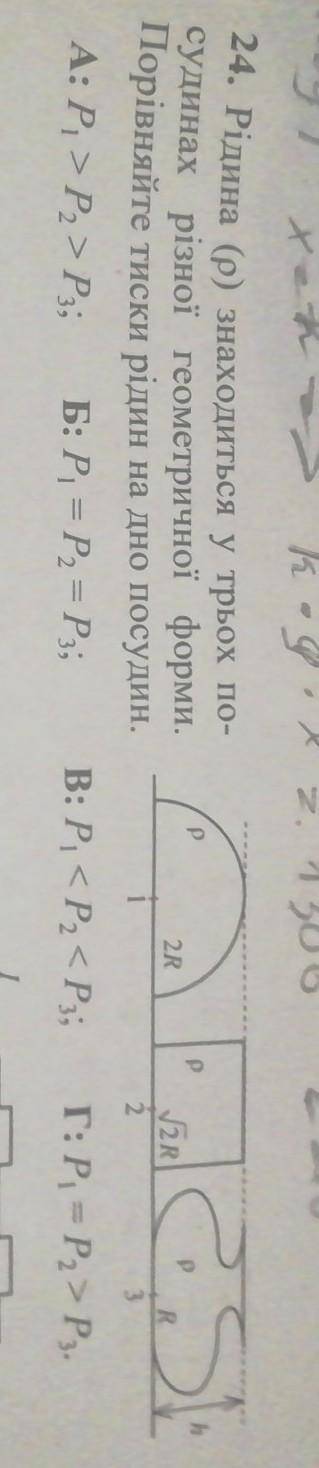 P. 24. Рідина (р) знаходиться у трьох по-судинах різної геометричної форми.Порівняйте тиски рідин на