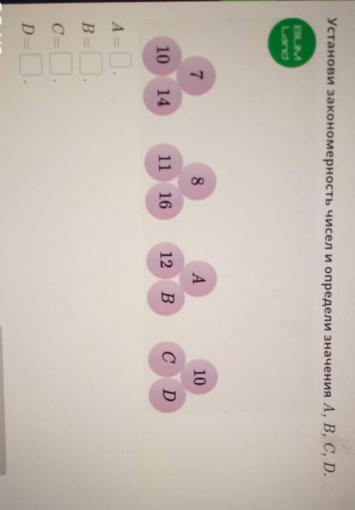 Детс ок 1Установи закономерность чисел и определи значения A, B, C, D.BIUMLand78A10101411 16C D12 ВА