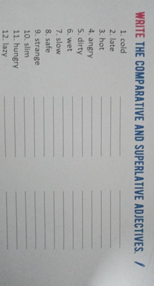 WRITE THE COMPARATIVE AND SUPERLATIVE ADJECTIVES. I 1. cold2. late3. hot4. angry5. dirty6. wet7. slo