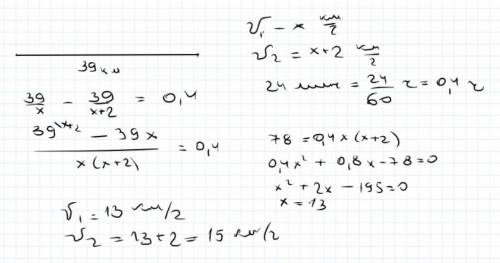 Путь длиной 39 км первый велосипедист проезжает на 24 минуты дольше второго. Найдите скорость второг