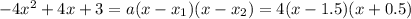 -4x^{2} + 4x + 3 = a(x - x_{1} )(x - x_{2} ) = 4(x - 1.5)(x + 0.5)