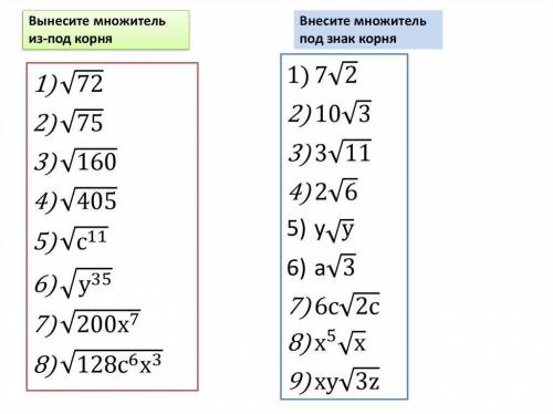 Вынесите множитель из-под корня Внесите множитель под знак корня