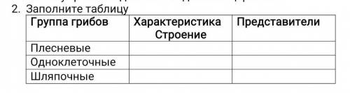 Заполните таблицу 1)Группа грибов2)Характеристика Строение3)ПредставителиПлесневые ОдноклеточныеШляп