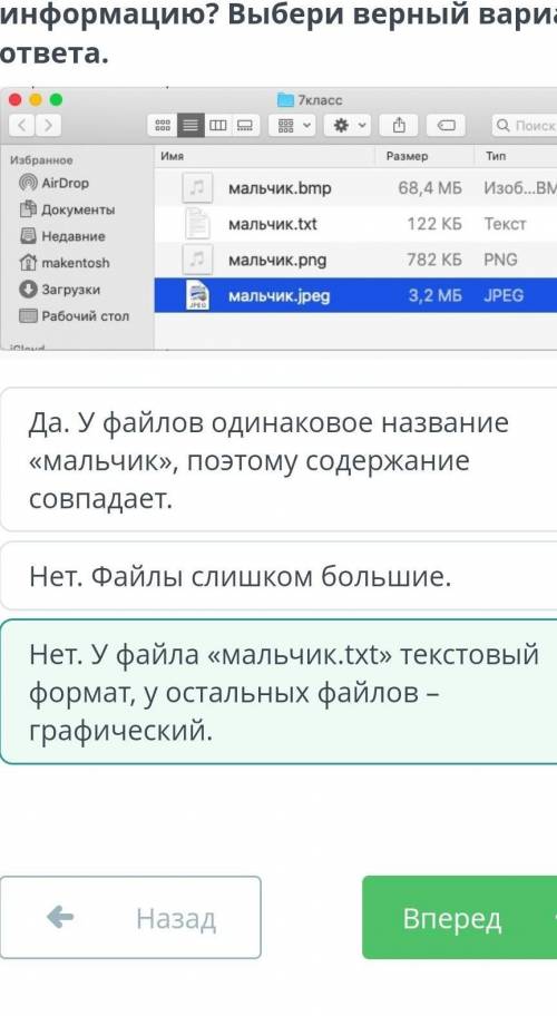 В папке сохранены 4 файла. Можно ли сказать, что они хранят одинаковую информацию? Выбери верный вар