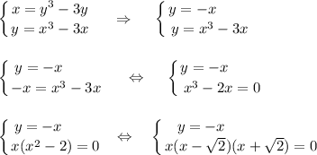 \displaystyle\left \{ {{x=y^3-3y} \atop {y=x^3-3x}} \right. \ \ \ \ \Rightarrow\ \ \ \ \left \{ {{y=-x~~~~~~~} \atop {y=x^3-3x}} \right.\\\\\\\left \{ {{y=-x~~~~~~~} \atop {-x=x^3-3x}} \right. \ \ \ \ \Leftrightarrow\ \ \ \ \left \{ {{y=-x~~~~~~~} \atop {x^3-2x=0}} \right.\\\\\\\left \{ {{y=-x~~~~~~~} \atop {x(x^2-2)=0}} \right. \ \ \Leftrightarrow\ \ \ \left \{ {{y=-x~~~~~~~~~~~~~~~~} \atop {x(x-\sqrt2)(x+\sqrt2)=0}} \right.